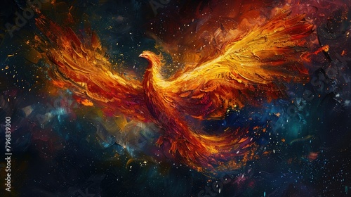 Convey the mysterious charm of a mythical phoenix rising from fiery embers under the cloak of darkness, its plumage ablaze with vivid hues against the night sky