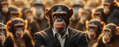 Serious Suited Monkey Leading a Crowd of Cheerful Primates Symbolizing Corporate Leadership and Contrast