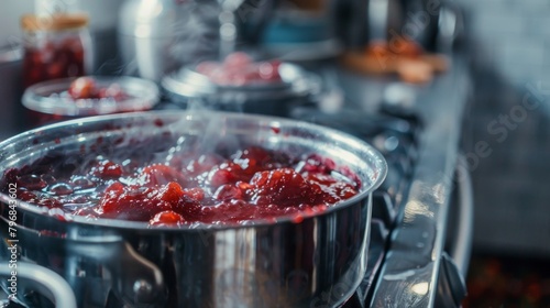 A close-up of a bubbling pot of homemade jam simmering on the stove, filling the kitchen with the sweet scent of fresh fruit.