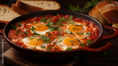 Delicious shakshuka with poached eggs in spicy tomato sauce.
