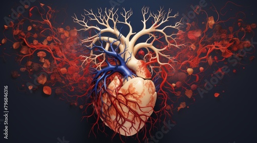 A vibrant diagram showcasing the human cardiovascular system, with arteries and veins vividly colored to demonstrate blood flow and heart function,