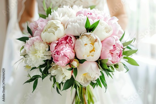 delicate bridal bouquet of fragrant pink and white peonies closeup floral photo