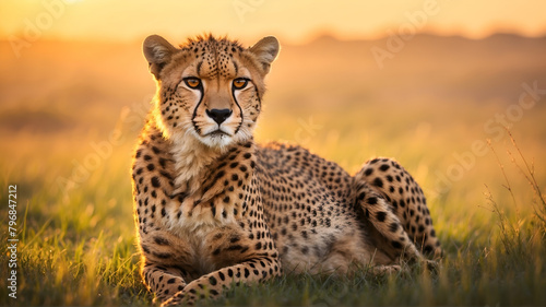 Portrait of cheetah sitting on grass field at sunset 