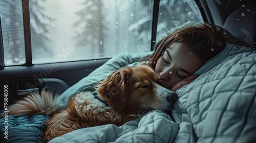 Woman and her carnivore companion dog sleeping in car for comfort