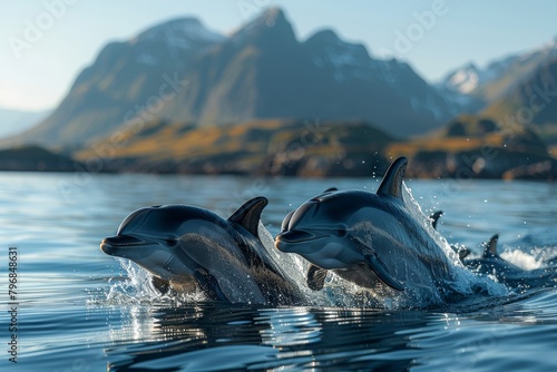 Two joyful dolphins swim playfully through the water with a stunning sunset and rugged mountains in the background