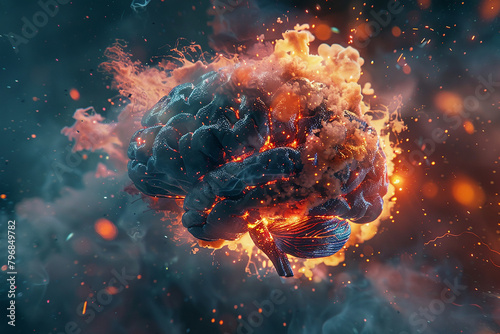 Brain ablaze, dynamic explosions depict degenerative cognitive diseases' turmoil. Intense 3D visualization