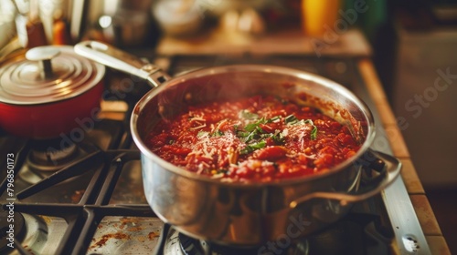 A cozy kitchen scene with a simmering pot of homemade tomato sauce on the stove, ready to be ladled over pasta for a comforting meal.