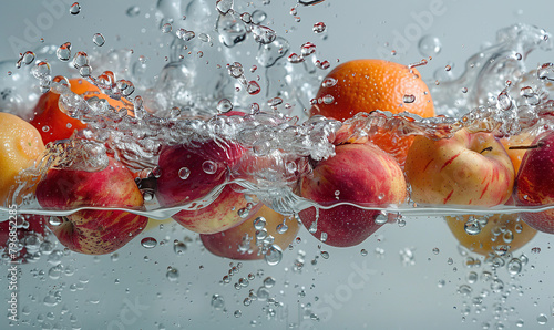 Various fruits caught mid-splash in water, showcasing vibrant colors and motion. Generate AI