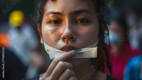 woman with mouth sealed in adhesive tape. Free of speech, freedom of press, Human rights, Protest dictatorship, democracy, liberty, equality and fraternity concepts