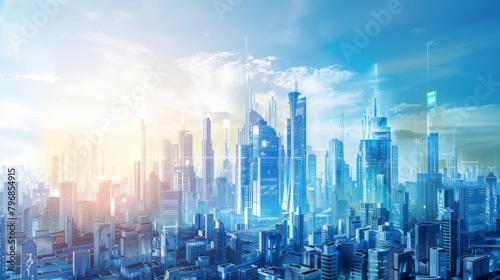 A futuristic city skyline with skyscrapers powered by renewable energy sources, linked together by resilient high-voltage transmission infrastructure.