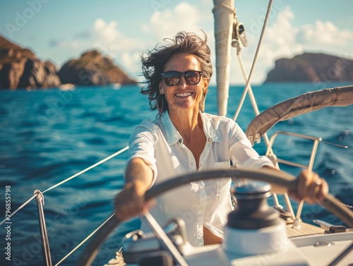 female skipper navigating a sailboat