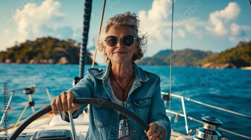 female skipper navigating a sailboat