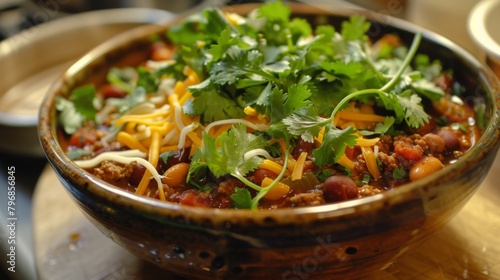 A hearty bowl of chili con carne, topped with melted cheese and fresh cilantro, emitting delicious fragrances
