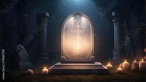 Subject Description: A digital illustration of a tombstone with a symbolic representation of light inside, conveying a religious or mystical theme