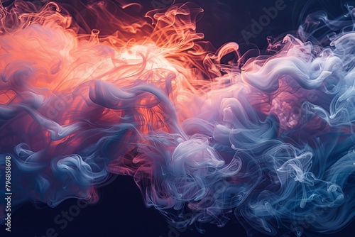 Dynamic color play with red and blue smoke intensely coiling against each other in an abstract design
