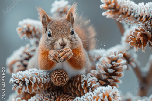 A red squirrel darting up a pine tree, pine cones scattered below as it prepares for winter,