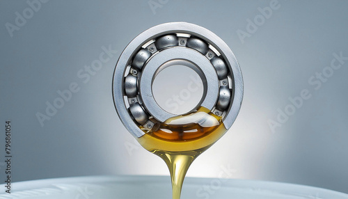 Power transmission bearing, in lubrication oil drip, background; transmission maintenance and industry business