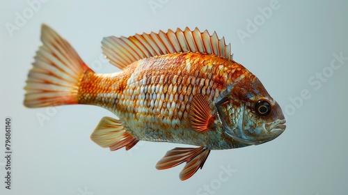 3D rendering of a red fish with yellow and blue details. The fish is facing the left of the viewer and is isolated on a white background.