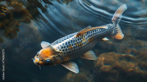 An orange and white koi fish swims in a blue pond. The fish is in focus and the background is blurred.