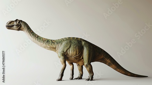 3D rendering of a realistic dinosaur, with a long neck and a green and brown scaly skin. It is standing on a white background and looking to the left.
