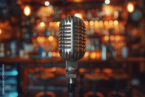Classic vintage microphone in sharp focus against a blurred background of shimmering lights in a moody bar