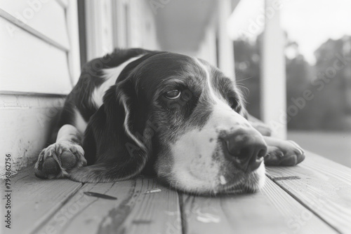 A basset hound with droopy eyes lounging on a porch, embodying relaxation and contentment,