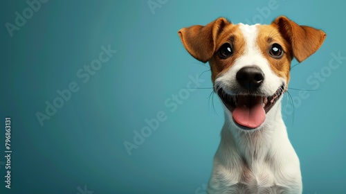 A studio shot of a happy, smiling Jack Russell Terrier dog with a blue background.