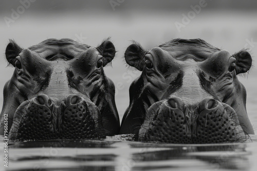 A pair of hippos submerged in a river, their eyes and nostrils just above the water surface,