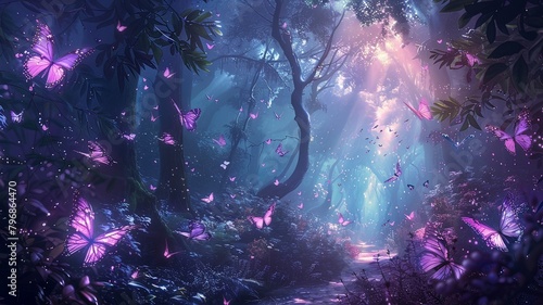 A forest with many butterflies flying around