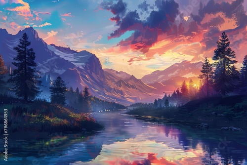 idyllic mountain landscape with winding river reflecting colorful sky digital painting