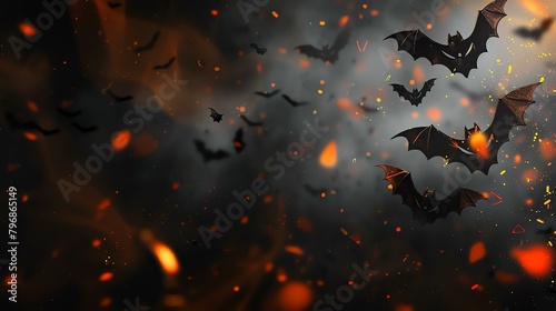 Bats flying in a dark, smoky sky. The bats are black and the sky is dark gray. There are some orange and yellow lights in the background.