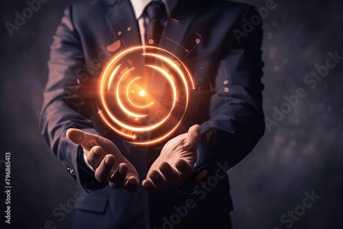 intellectual property rights businessman holding virtual copyleft trademark symbol for patent protection digital art