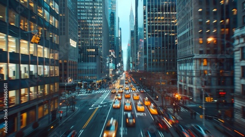 A time-lapse image of traffic flowing through the streets of a bustling city, framed by towering skyscrapers on either side.