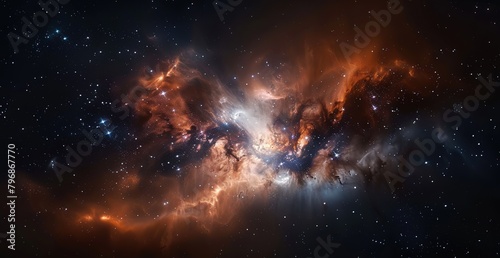 Fiery galactic nebula with star formation and interstellar clouds. Illustration of beauty of universe for educational content, background or digital art.