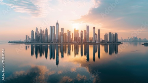 An aerial view of a waterfront city skyline with sleek high-rise buildings reflecting in the calm waters below, creating a picturesque scene.