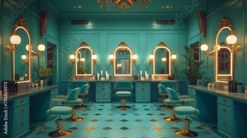 Barber shop with chairs, mirrors, and symmetry in interior design