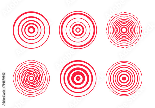 Pain red circle or localization mark. Target spot symbols for medical. Red rings. Sonar waves