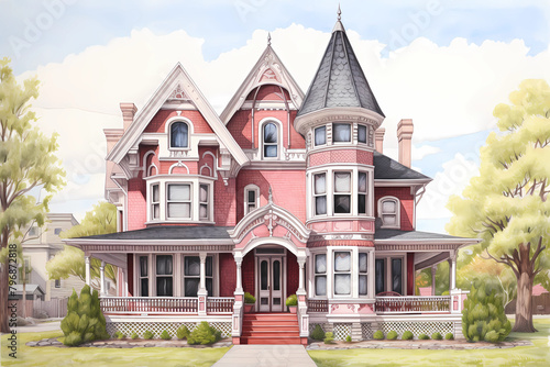 Queen Anne Revival Style House (Cartoon Colored Pencil) - Originated in the United States in the late 19th and early 20th century, characterized by a grand, ornate design with asymmetrical features