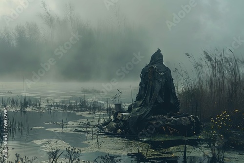 mysterious shaman idol in misty siberian swamp with dark sky atmospheric landscape photography