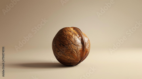 3D rendering of a single walnut on a beige background. The walnut is in focus and has a realistic texture.