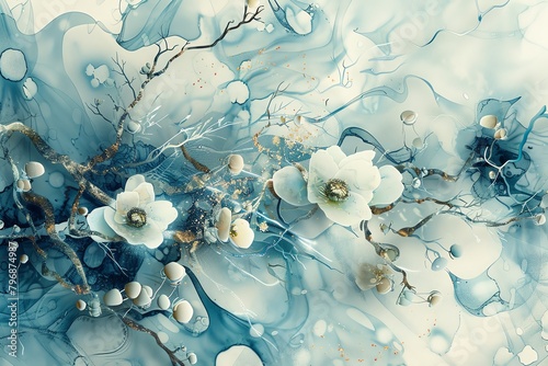 white and blue abstract ink painting with white and gold flowers