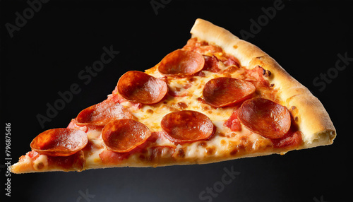 Triangular piece of pepperoni pizza levitating over black background. Tasty fast food. Delicious snack.