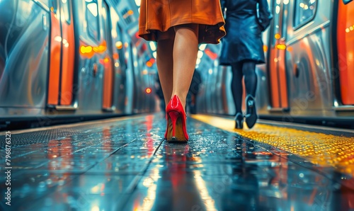 Commuter legs walking next to a suburban train, people taking public transportation between home and work, Generative AI