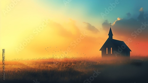 A beautiful landscape image of a church in a field of wheat during sunset.