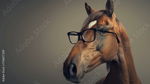 A close-up of a horse wearing horn-rimmed glasses. The horse is looking at the camera with a curious expression.