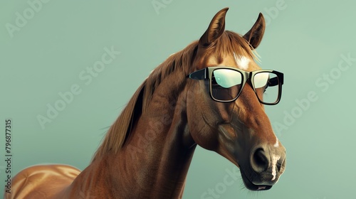 A close-up of a horse wearing sunglasses. The horse is brown and white, with a long mane and tail and black sunglasses.