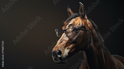 A close-up portrait of a horse wearing horn-rimmed glasses. The horse is looking to the side with a serious expression.