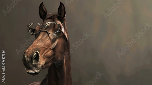 A close-up of a horse wearing horn-rimmed glasses. The horse is looking at the camera with a curious expression.