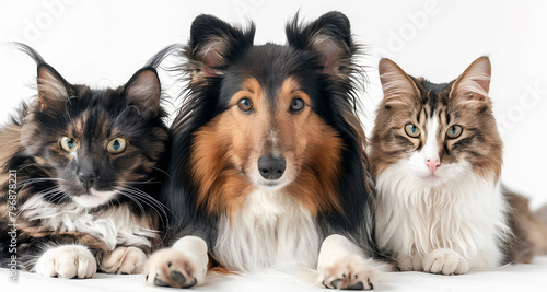 Gatos e cachorros em fila em um fundo branco, no estilo arte publicitária