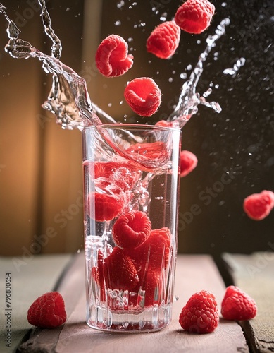 czerwone owoce wpadające z pluskiem do wysokiej szklanki z wodą 